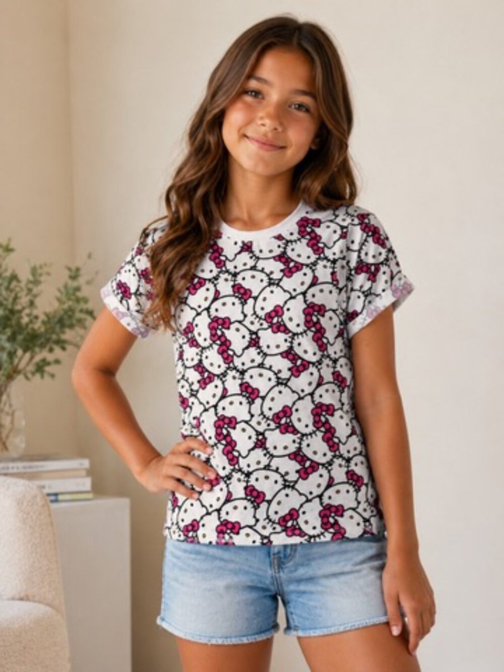 NWOT Hello Kitty Sanrio All Over Print Tee Juniors L 14 Kawaii Y2K